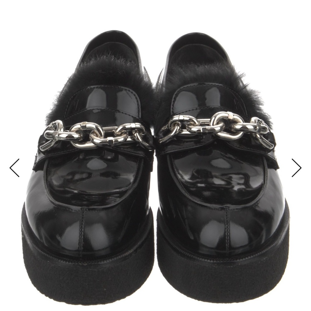 Louis Vuitton Black Patent Leather Chain-Trim Fur Loafers - Picture 2 of 5